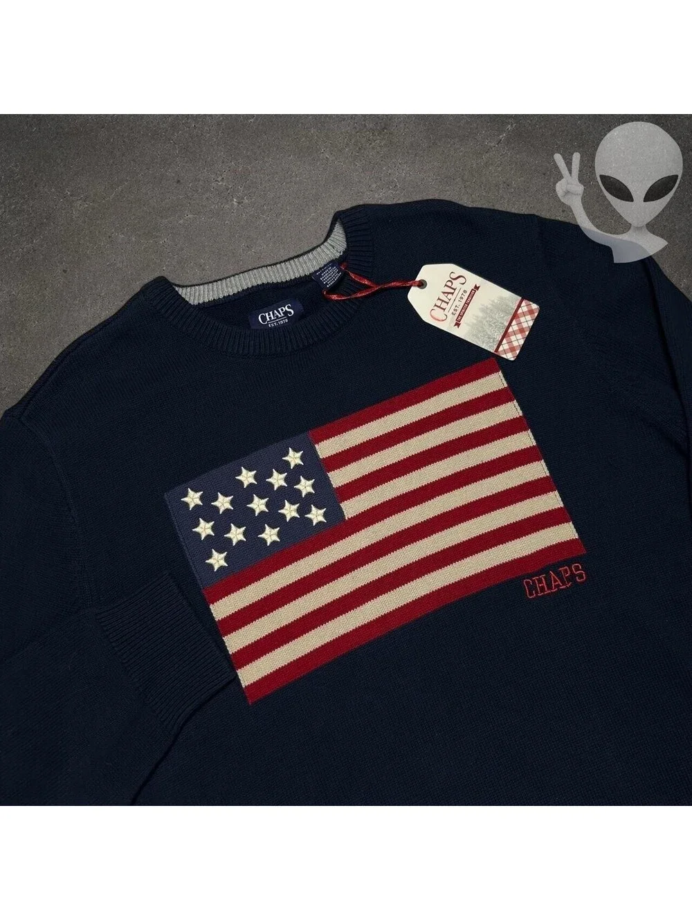 Chaps Sweater Mens XL Navy Blue American Flag Knit Crewneck Pullover NWT